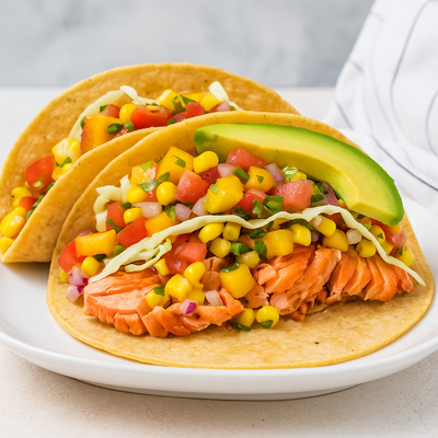 BBQ Salmon Fish Tacos with Peach Corn Salsa & Creamy Southern-Style Potato Salad